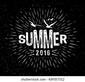 Vector design. Lettering composition with birds. Phrase: Summer 2016. Light rays of burst. Retro style of the image.