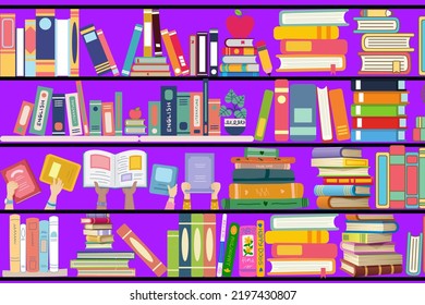 Vector Design Of A Library Shelf With Stacks Of Books. Art Design With A Colorful Purple Background. Fantastic Book Set