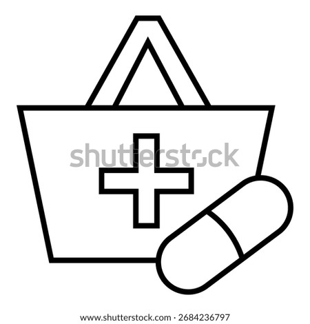 Vector design line art illustration icon of a shopping bag with a medical cross and pill symbol, representing pharmacy, healthcare shopping, or medicine purchase.