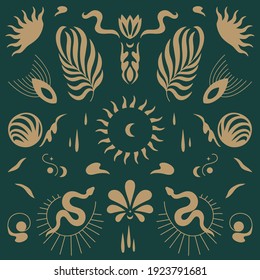 Vector design linear icons and emblems - mystery boho style. Seamlee pattern