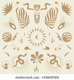 Vector design linear icons and emblems - mystery boho style. Seamlee pattern