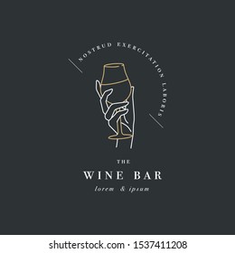 Vector design linear template logo or emblem - female hand holding glass of wine. Abstract symbol for wine bar or sommelier courses