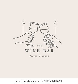 Vector design linear template logo or emblem - hand with glass of drink. Abstract symbol for cafe or bar