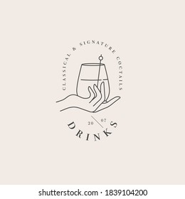 Vector design linear template logo or emblem - hand with glass of drink. Abstract symbol for cafe or bar