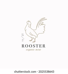 Vector design linear template logo or emblem - farm rooster. Abstract symbol for meat shop or butchery