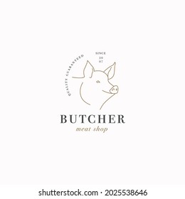 Vector design linear template logo or emblem - farm pig. Abstract symbol for meat shop or butchery