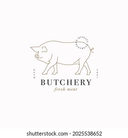 Vector design linear template logo or emblem - farm pig. Abstract symbol for meat shop or butchery