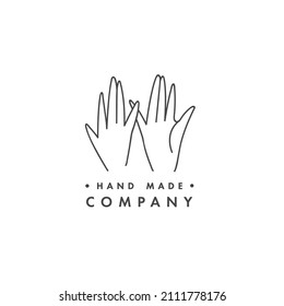 Vector design linear template logo or emblem - hands with heart symbol. Abstract symbol for hand made cosmetics and packaging or beauty products.