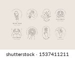 Vector design linear template logos or emblems - hands in in different gestures. Abstract symbol for cosmetics and packaging or beauty products