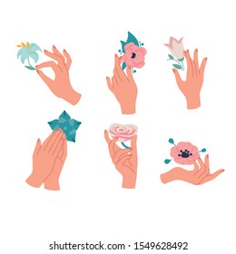 Vector design linear template logos or emblems - hands in in different gestures with flowers. Abstract symbol for cosmetics and packaging or beauty products