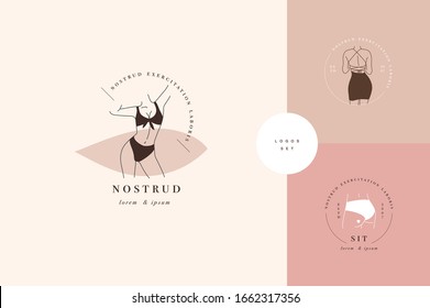 Vector design linear template logos or emblems - graceful faceless lady. Female logos for lingerie or clothes