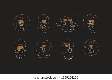 Vector design linear template logos or emblems - hands in different gestures glass of drink. Abstract symbol for cafe or bar