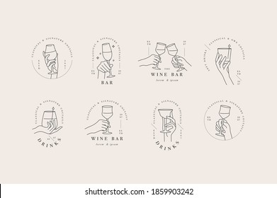 Vector design linear template logos or emblems - hands in different gestures glass of drink. Abstract symbol for cafe or bar