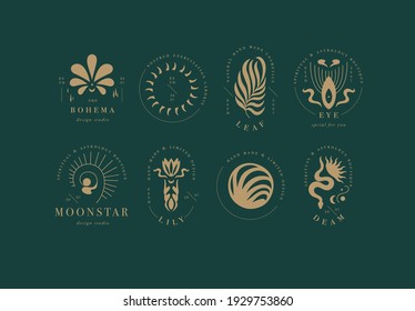 Vector design linear template logos or emblems - mystery boho style. Abstract symbol for hand made products and craft boutiques