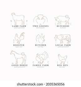 Vector design linear template logos or emblems - farm animals. Abstract symbol for meat shop or butchery.