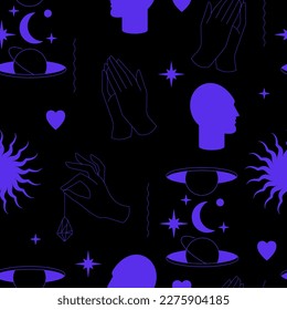 Vector design linear template logos or emblems - mystical magic. Seamless pattern with spiritual talismans, occultism objects