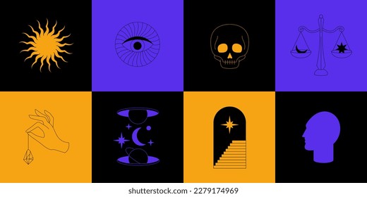 Vector design linear template logos or emblems - mystical magic. Spiritual talismans, occultism objects