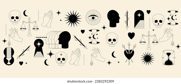 Vector design linear template logos or emblems - mystical magic. Banner with spiritual talismans, occultism objects