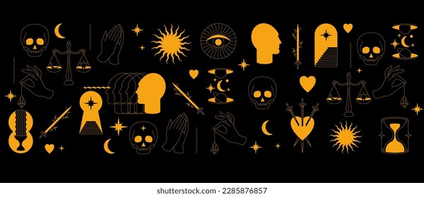 Vector design linear template logos or emblems - mystical magic. Banner with spiritual talismans, occultism objects