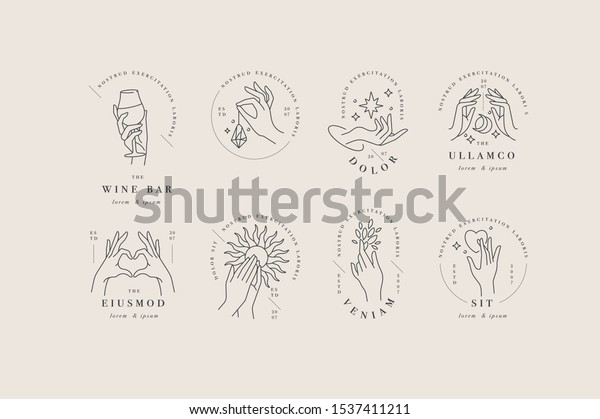 Vector design linear template logos or emblems -\
hands in in different gestures. Abstract symbol for cosmetics and\
packaging or beauty\
products