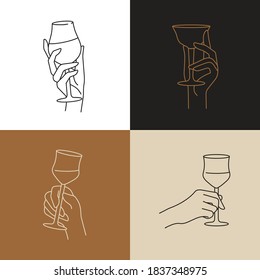 Vector design linear template signs or emblems - hands in different gestures glass of drink