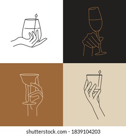 Vector design linear template signs or emblems - hands in different gestures glass of drink