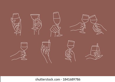 Vector design linear template signs or emblems - hands in different gestures glass of drink