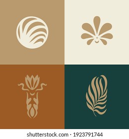 Diseño de vectores signos o emblemas de plantillas lineales - estilo boho misterioso. Símbolo abstracto de los productos hechos a mano y de las tiendas artesanales