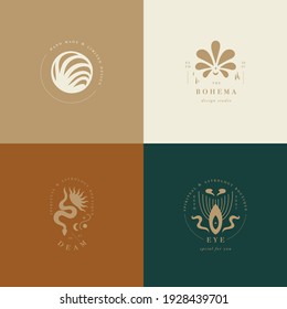 Vector design linear template signs or emblems - mystery boho style. Abstract symbol for hand made products and craft boutiques
