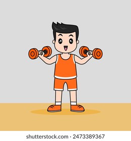 Diseño de Vector del niño pequeño que levanta la barra. Entrena en el gimnasio.