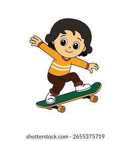 Vektordesign eines kleinen Jungen, der Skateboard auf weißem Hintergrund spielt