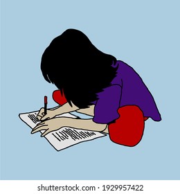 vector design, little girl character writing, vector illustration woman design cartoon girl female cute person.