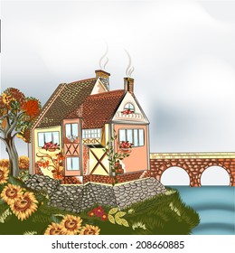 Vector design with little hand drawn house in English style