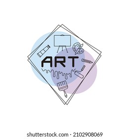 Vector design logo for Art in simple modern style with line crafts elements. Emblem for a tutorial, banner, poster, presentation, splash screen, or project. Album or sketchbook cover
