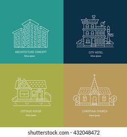 Vector design logo with city buildings. Set of linear icons with buildings, house, hotel and churches in trendy line style. 