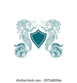 vector design. logo created from two mermaid with the shield logo.