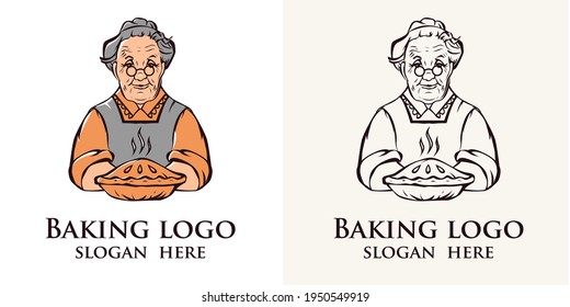 Vector design logo grandmother with pie. Perfect for homemade baking sign, cafe, packaging, cooking.