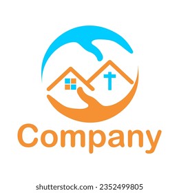 A vector design of a logo of a house of worship in orange and blue