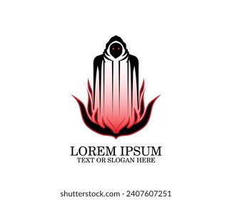vector design, a logo illustration or art symbol of a creature wearing a black robe with a head covering and under its body there is an illustration of black and red flames burning around it