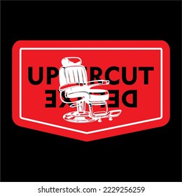 vector design for logo t-shirts and more with barbershop theme with vector image of barber chair in the middle as icons and writing, with red background