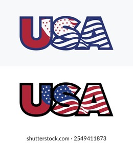 Vektordesign-Logo der USA-Schrift mit amerikanischem Flaggenelement, das in den Buchstaben für Business-Design und T-Shirt-Druck windet