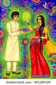 Vector design of looking through sieve during Karwa Chauth celebration in India