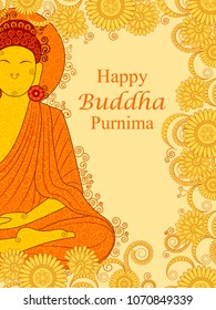 Vector design of Lord Buddha on Happy Buddha Purnima Vesak holiday festival background