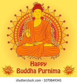 Vector design of Lord Buddha on Happy Buddha Purnima Vesak holiday festival background