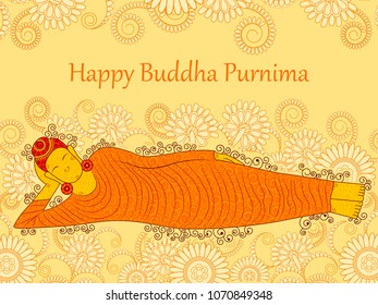 Vector design of Lord Buddha on Happy Buddha Purnima Vesak holiday festival background