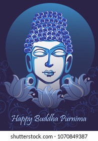 Vector design of Lord Buddha on Happy Buddha Purnima Vesak holiday festival background