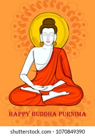 Vector design of Lord Buddha on Happy Buddha Purnima Vesak holiday festival background