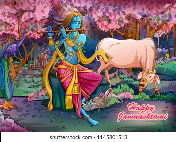 Vector design of Lord Krishna playing bansuri (flute) on Happy Janmashtami holiday festival background