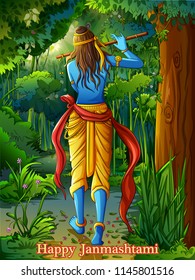 Vector design of Lord Krishna playing bansuri (flute) on Happy Janmashtami holiday festival background