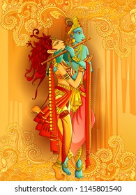 Vector design of Lord Krishna playing bansuri (flute) with Radha on Happy Janmashtami holiday festival background